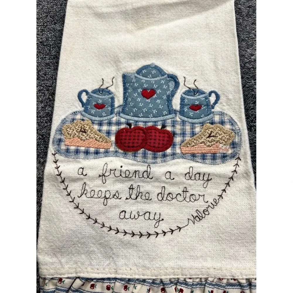 Vintage Valorie Embroidered Tea Time Kitchen Hand Towel Ruffle Hem Cream